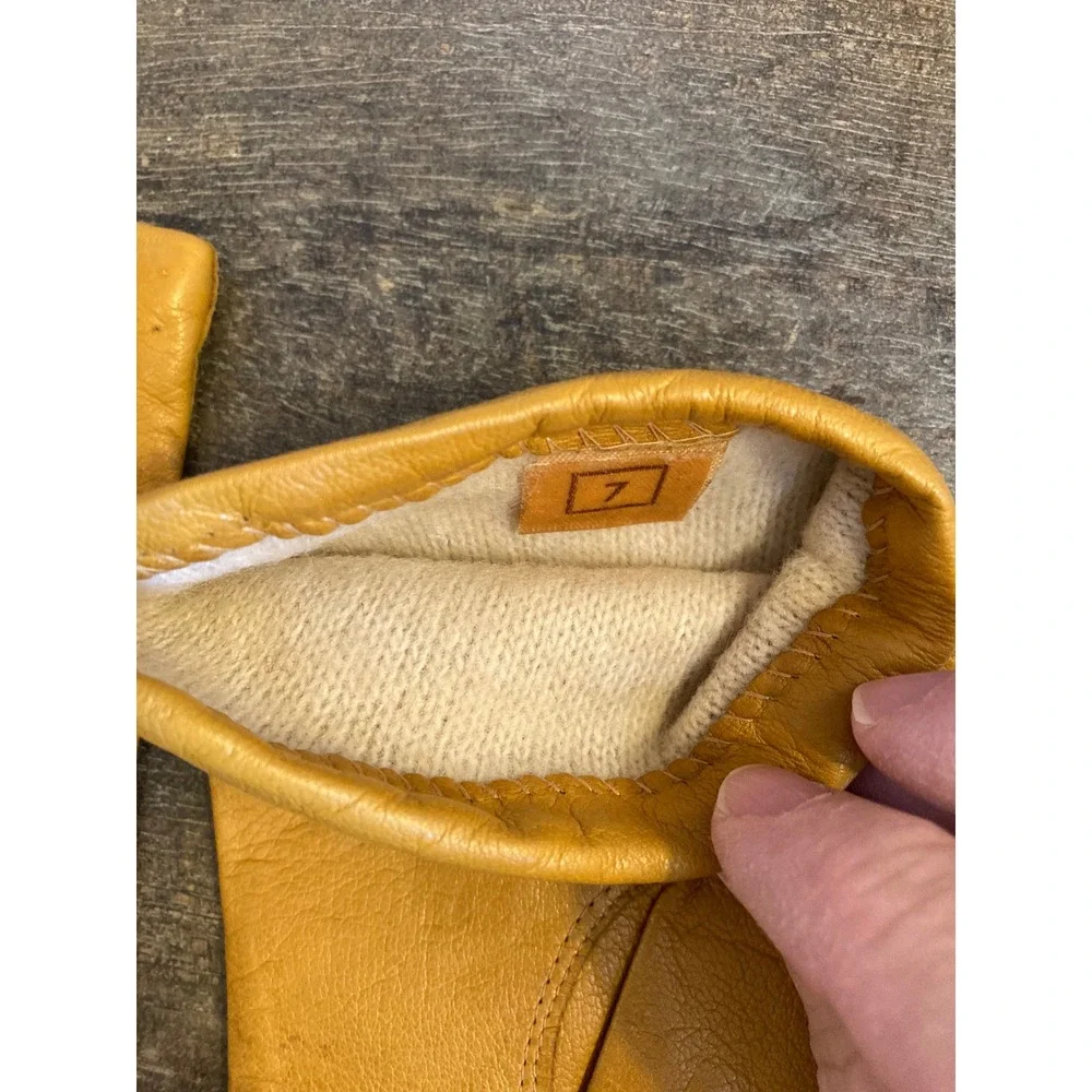 Vintage Mustard Yellow Leather Gloves Size 7 Knit Lined Mid Length Classic